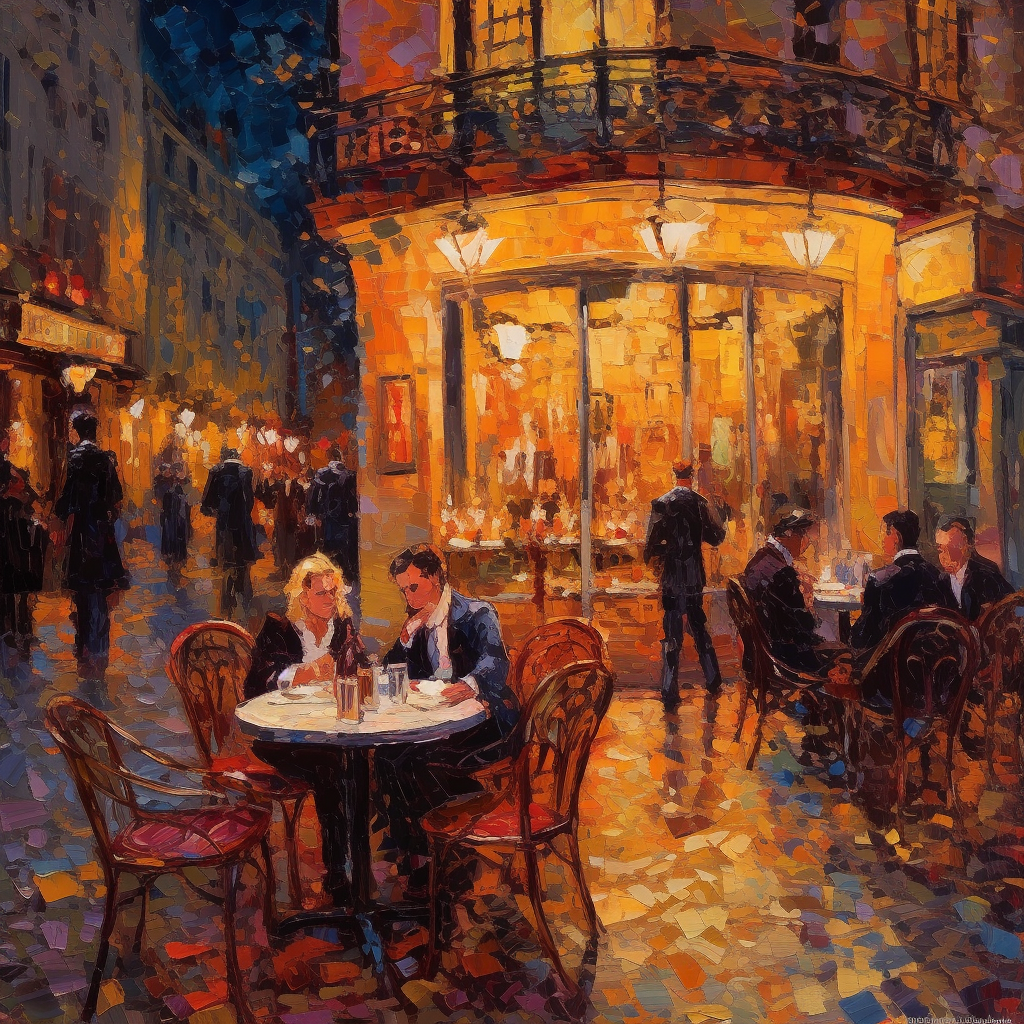 A warm glowing cafe scene in France. Impressionist style painting